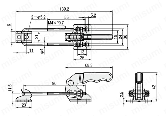 トグルクランプ －引っ張り型－ フランジベース U型フック GH-40820 外形図