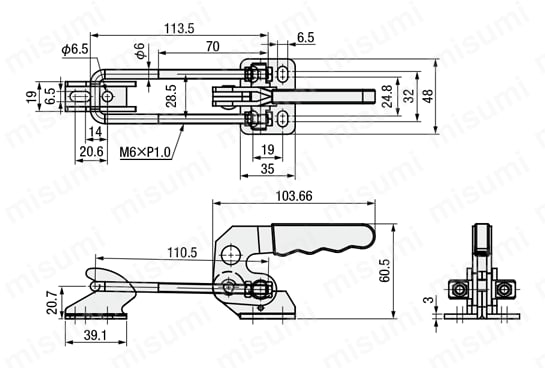 トグルクランプ －引っ張り型－ フランジベース U型フック GH-40840 外形図