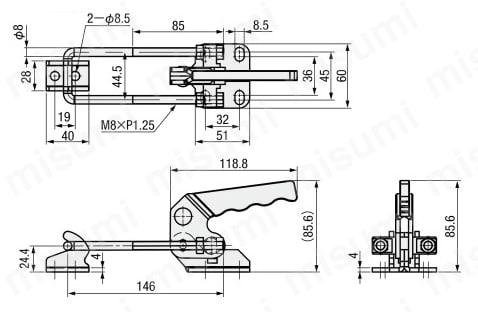 トグルクランプ －引っ張り型－ フランジベース U型フック GH-40870 外形図