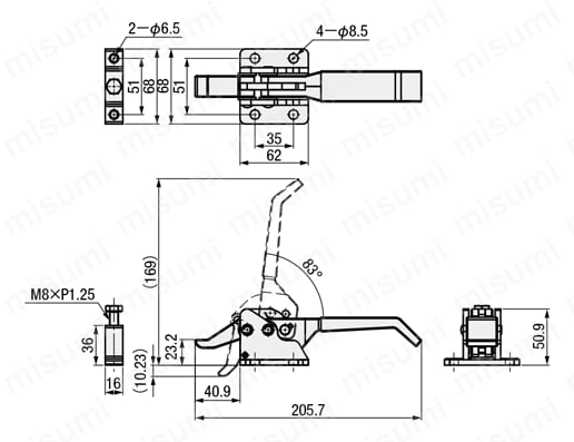 トグルクランプ －引っ張り型－ フランジベース 尖がりフック GH-40580 外形図