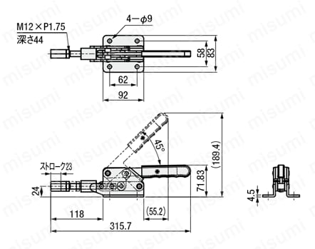 トグルクランプ －押引型－ フランジベース ストローク23mm ストレートアーム GH-30290M 外形図