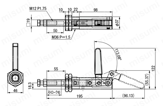トグルクランプ －押引型－ フランジベース ストローク43mm ストレートアーム GH-30511 外形図