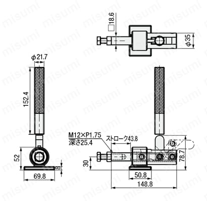 トグルクランプ －押引型－ フランジベース ストローク43.8mm 溶接アーム GH-30509M 外形図
