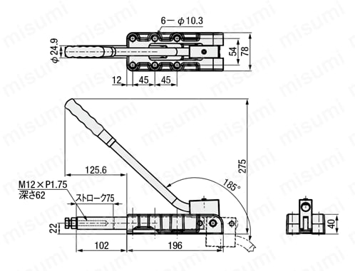 トグルクランプ －押引型－ フランジベース ストローク75mm ストレートロングハンドル GH-32500HL 外形図