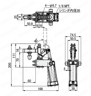 エアクランプ U型アーム (フランジベース) GH-20820-A 外形図