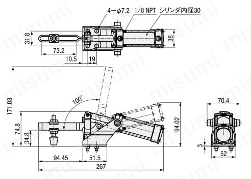 エアクランプ －ハンドル立型－ U型ロングアームタイプ（フランジベース） GH-12132-A 外形図