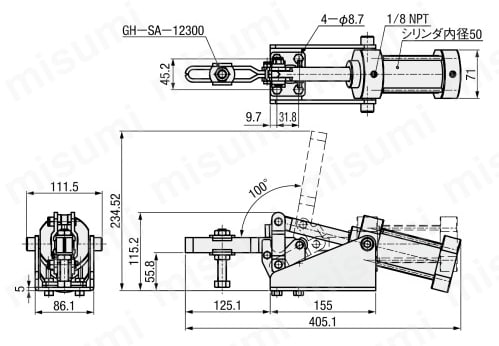 エアクランプ 溶接立型クランプ GH-10247-A 外形図