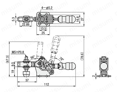 トグルクランプ －水平型－ U型アーム（フランジベース） GH-20752-B/GH-20752-BSS 外形図