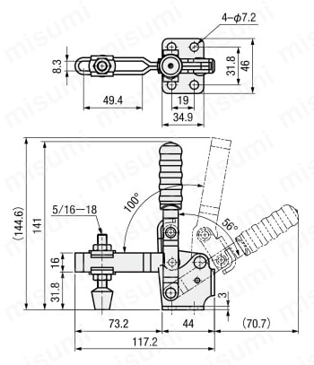 トグルクランプ －ハンドル立型－ U型アーム（フランジベース）  GH-12130/GH-12130-SS 外形図