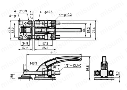 トグルクランプ -引っ張り型- フランジベース U型フック GH-40380・GH-40380-SS 外形図
