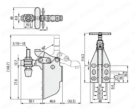 トグルクランプ －水平型－ U型アーム（側面フランジベース） T型ハンドル GH-13007-SM 外形図