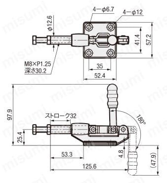 トグルクランプ －押引型－ フランジベース ストローク32mm ストレートアーム GH-305-CM 外形図