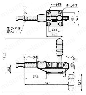 トグルクランプ －押引型－ フランジベース ストローク42mm ストレートアーム GH-305-EM 外形図