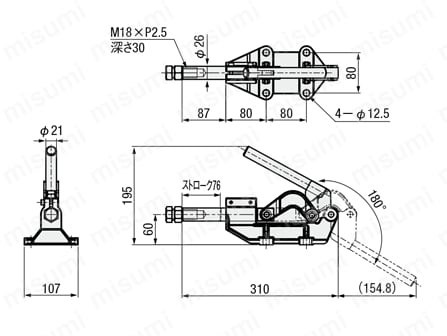 トグルクランプ －押引型－ フランジベース ストローク76mm ストレートアーム GH-30513M 外形図