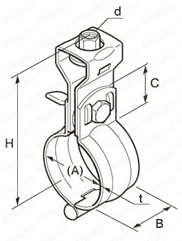 吊配管金具 蝶番式吊バンドタン付 Alt;外形図01