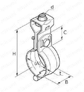 吊配管金具 ステン蝶番式吊バンドタン付 Alt;外形図01