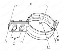立配管金具・取付足 蝶番式立バンドBN付 Alt;外形図01