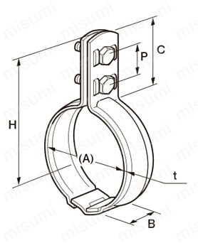 立配管金具・取付足 組式立バンドBN付 外形図01