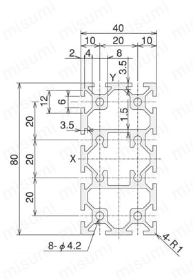 アルミ構造材 SF20 溝幅6mmタイプ SF-40・60・SS/SF-40・80 SFF-4082/SFF-4084外形図