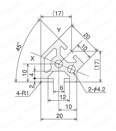 アルミ構造材 SF20 SSサイズ 溝幅6mmタイプ SF-20・DE45 外形図01