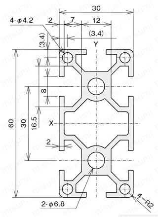 アルミ構造材 SF30 溝幅8mmタイプ SF-30・60　外形図