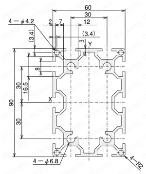 アルミ構造材 SF30 溝幅8mmタイプ SF-60・90/SF-60・120　SF-60-90 外形図