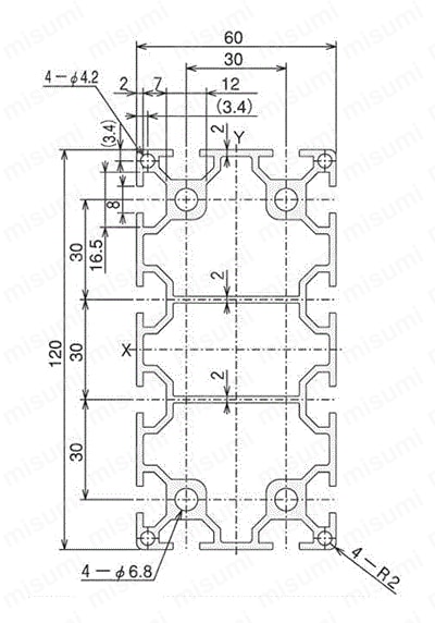 アルミ構造材 SF30 溝幅8mmタイプ SF-60・120・2S・H 外形図01