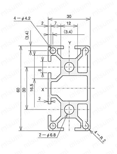 アルミ構造材 SF30 溝幅8mmタイプ SF-30・60・1F 外形図01