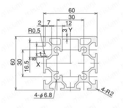 アルミ構造材 SF30 溝幅8mmタイプ SF2-60・60・2S・1F／BLACK 外形図01