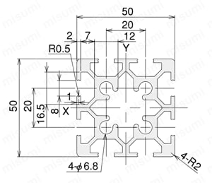 アルミ構造材 SF30 溝幅8mmタイプ SF2-50・50・2S　外形図