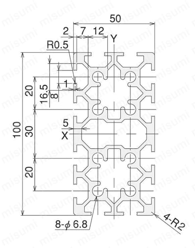 アルミ構造材 SF30 Sサイズ 溝幅8mmタイプ SF2-50・100・2S 外形図01