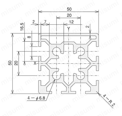 アルミ構造材 SF30 Sサイズ 溝幅8mmタイプ SF-50・50・2S・1F／2F 外形図01