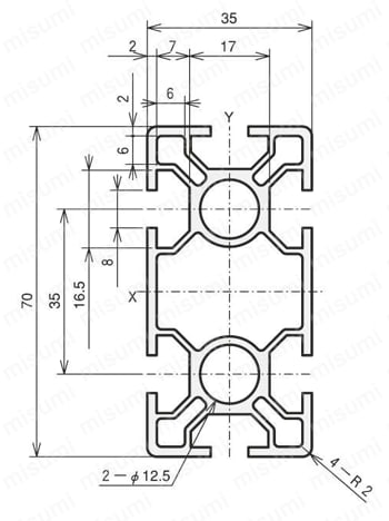 アルミ構造材 SF30 溝幅8mmタイプ SF-35・70 外形図