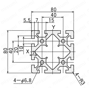アルミ構造材 SF40・45 溝幅10mmタイプ SF-80・80/SF-80・80・H　外形図2