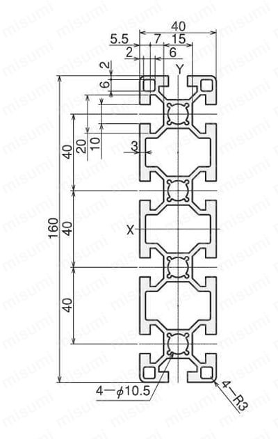 アルミ構造材 SF40・45 Lサイズ 溝幅10mmタイプ SF-40・160 外形図01