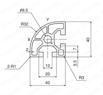 アルミ構造材 SF40・45 溝幅10mmタイプ SF-40・40・R 外形図01