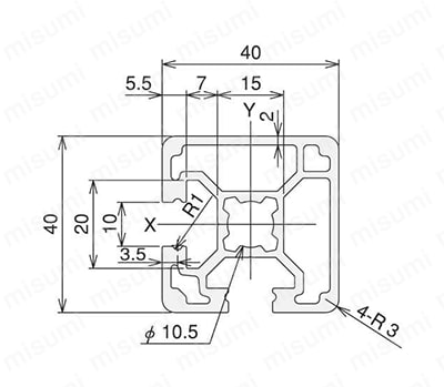 アルミ構造材 SF40・45 Lサイズ 溝幅10mmタイプ SF2-40・40・2F 外形図01