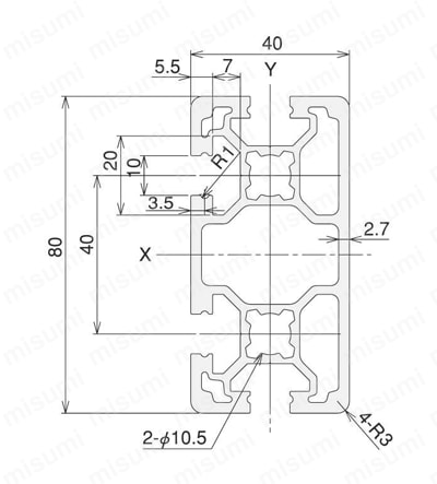 アルミ構造材 SF40・45 Lサイズ 溝幅10mmタイプ SF2-40・80・1F 外形図01