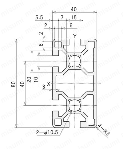 アルミ構造材 SF40・45 溝幅10mmタイプ SF-40・80・1F 外形図01