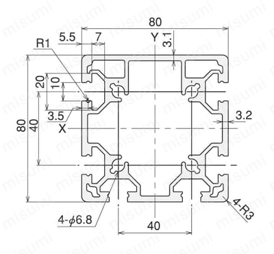アルミ構造材　SF40・45　溝幅10mmタイプ　SF2-80･80･2S･1F 外形図01