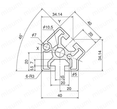 アルミ構造材 SF40・45 Lサイズ 溝幅10mmタイプ SF-40・DE45 外形図01