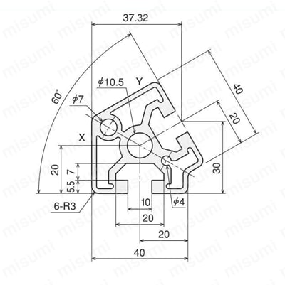 アルミ構造材 SF40・45 Lサイズ 溝幅10mmタイプ SF-40・DE60 外形図01