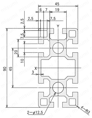 アルミ構造材 SF40・45 溝幅10mmタイプ SF-45・90／BLACK　外形図