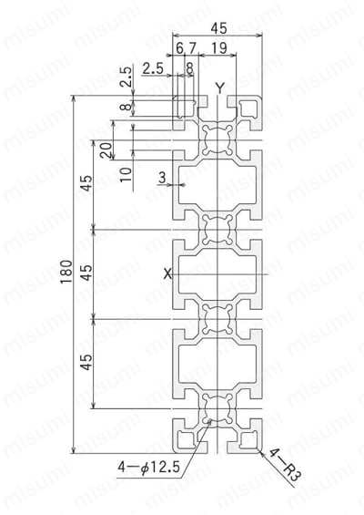 アルミ構造材 SF40・45 Lサイズ 溝幅10mmタイプ SF-45・180 外形図01