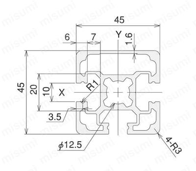 アルミ構造材 SF40・45 Lサイズ 溝幅10mmタイプ SF2-45・45・1F 外形図01