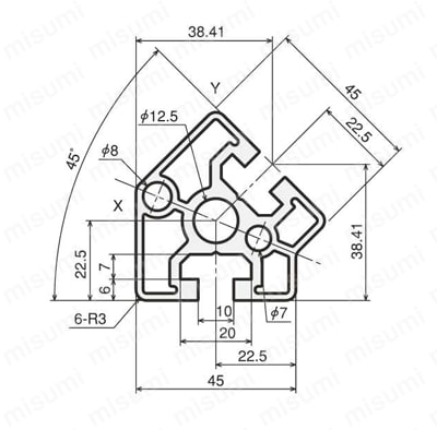 アルミ構造材 SF40・45 Lサイズ 溝幅10mmタイプ SF-45・DE45 外形図01