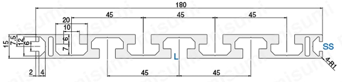 アルミ構造材 SF共通パーツ Tスロットフレーム （カット品）　外形図 SF-15・180