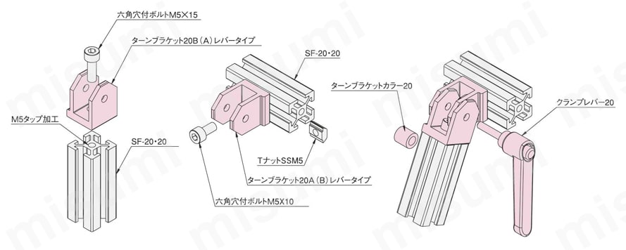 クランプレバー付ターンブラケット20 クランプレバー付ターンブラケット組立方法図