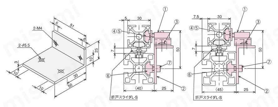 折戸用マグネットキャッチキット ブラケットL-Sキット外形図