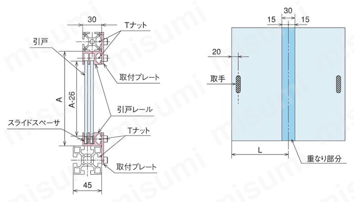 引戸レール2列 定尺 取付寸法の目安図